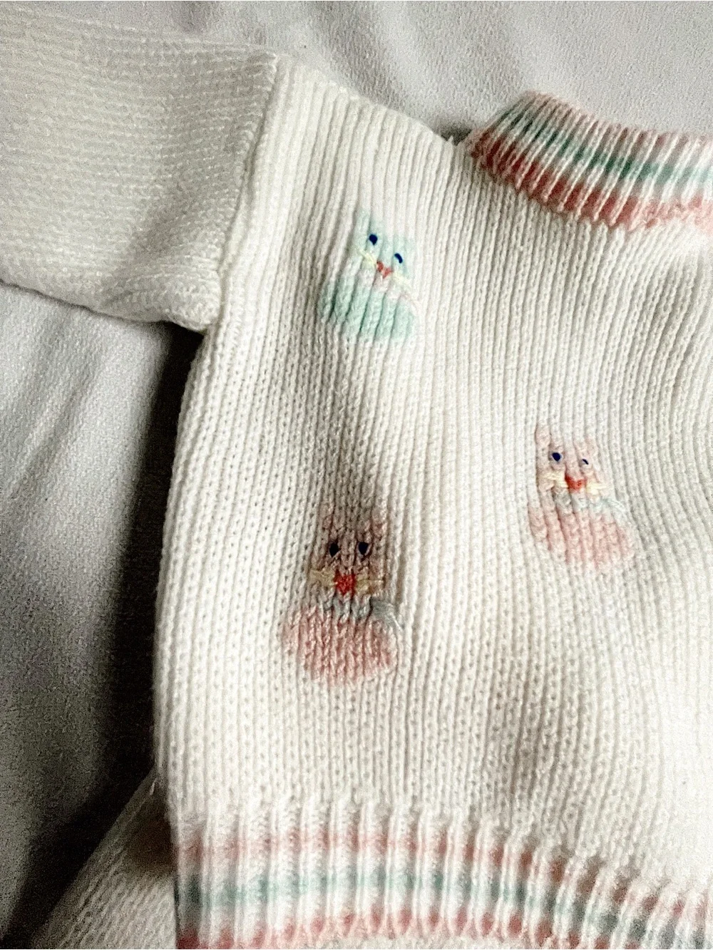 VINTAGE 80s Outfit Set Sweater Shirt Pants Footies Long Knit Bunny Pink Blue
